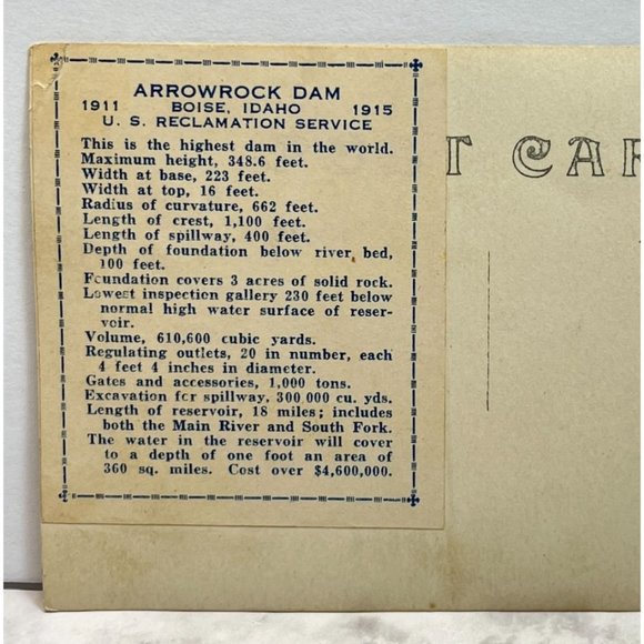 Postcard RPPC Arrowrock Dam Boise ID Idaho c1915 Reservoir Irrigation - Picture 5 of 6